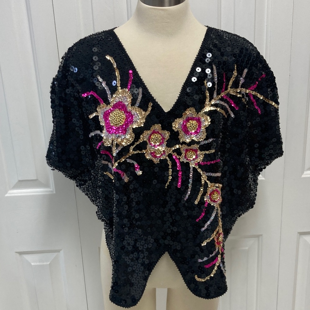 Vintage 80s top Sequin Floral Kimono top